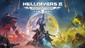 –ü—Ä–æ–º–æ-–∞—Ä—Ç –æ–±–Ω–æ–≤–ª–µ–Ω–∏—è Helldivers 2 'Escalation of Freedom', –ø–æ–∫–∞–∑—ã–≤–∞—é—â–∏–π –±–∏—Ç–≤—É —Å –º–µ—Ö–∞–Ω–∏–∑–∏—Ä–æ–≤–∞–Ω–Ω—ã–º–∏ –±–æ–µ–≤—ã–º–∏ –º–∞—à–∏–Ω–∞–º–∏ –∏ –≥–∏–≥–∞–Ω—Ç—Å–∫–∏–º–∏ –∏–Ω–æ–ø–ª–∞–Ω–µ—Ç–Ω—ã–º–∏ –Ω–∞—Å–µ–∫–æ–º—ã–º–∏ –Ω–∞ —Ñ–æ–Ω–µ –∑–µ–º–Ω–æ–≥–æ —à–∞—Ä–∞ –∏ –∫–æ—Å–º–æ—Å–∞