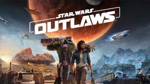 –ö–ª—é—á–µ–≤–æ–π –∞—Ä—Ç –¥–ª—è –∏–≥—Ä—ã Star Wars Outlaws, –ø–æ–∫–∞–∑—ã–≤–∞—é—â–∏–π –¥–≤—É—Ö –ø–µ—Ä—Å–æ–Ω–∞–∂–µ–π –Ω–∞ —Ñ–æ–Ω–µ –∫–æ—Å–º–∏—á–µ—Å–∫–∏—Ö –∫–æ—Ä–∞–±–ª–µ–π –∏ —ç–∫–∑–æ—Ç–∏—á–µ—Å–∫–æ–π –ø–ª–∞–Ω–µ—Ç–∞—Ä–Ω–æ–π –ø–µ–π–∑–∞–∂–Ω–æ–π –º–µ—Å—Ç–Ω–æ—Å—Ç–∏